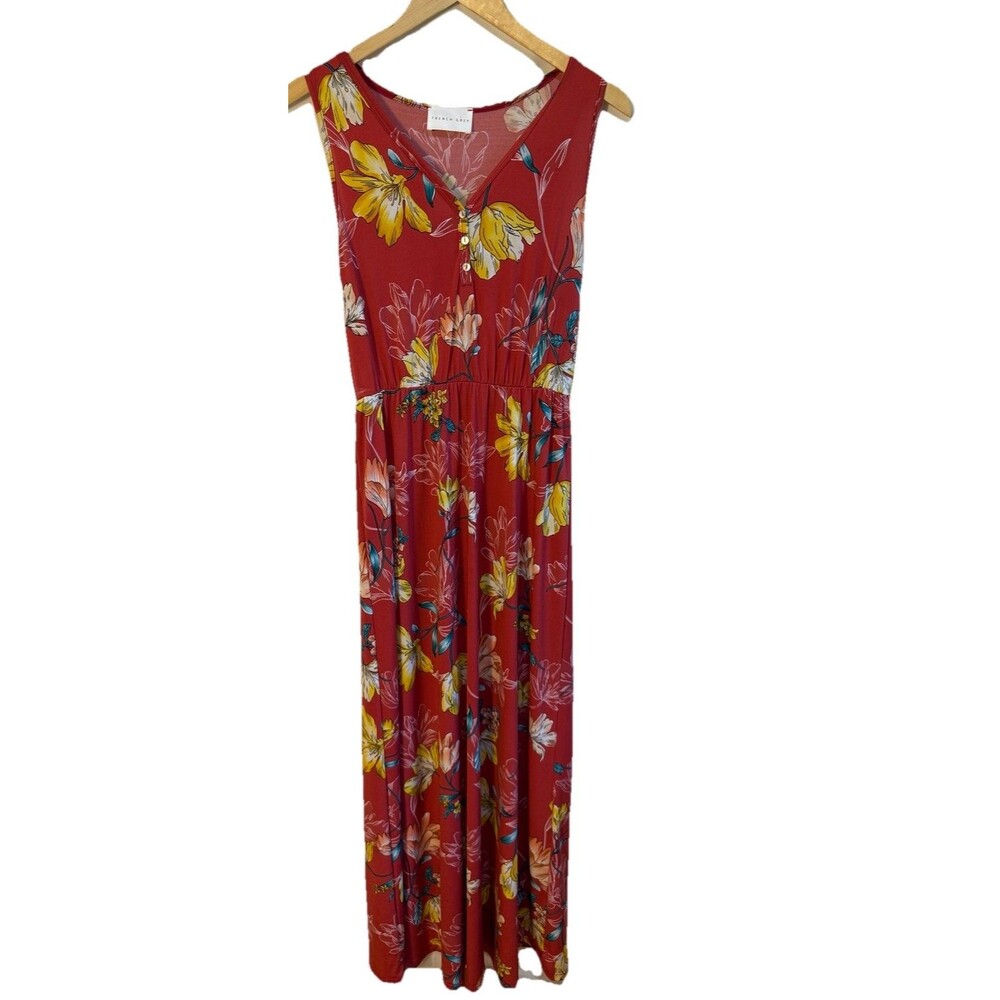 French Grey Maxi Dress S Floral Print Red  Sleeveless V Neck Made In USA